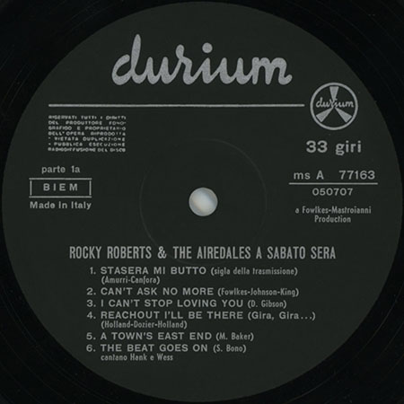 Rocky Roberts and the Airedales LP Sabato Sera Italy Label 1