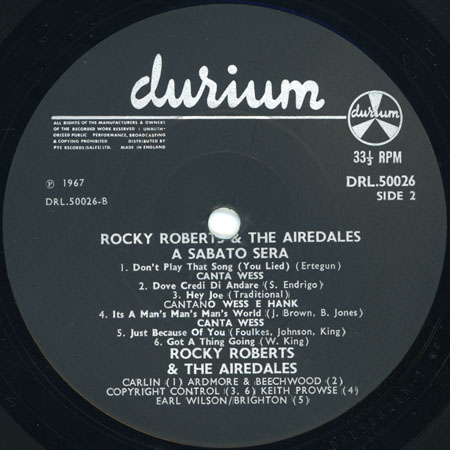 Rocky Roberts and the Airedales - LP Sabato Sera UK label 2