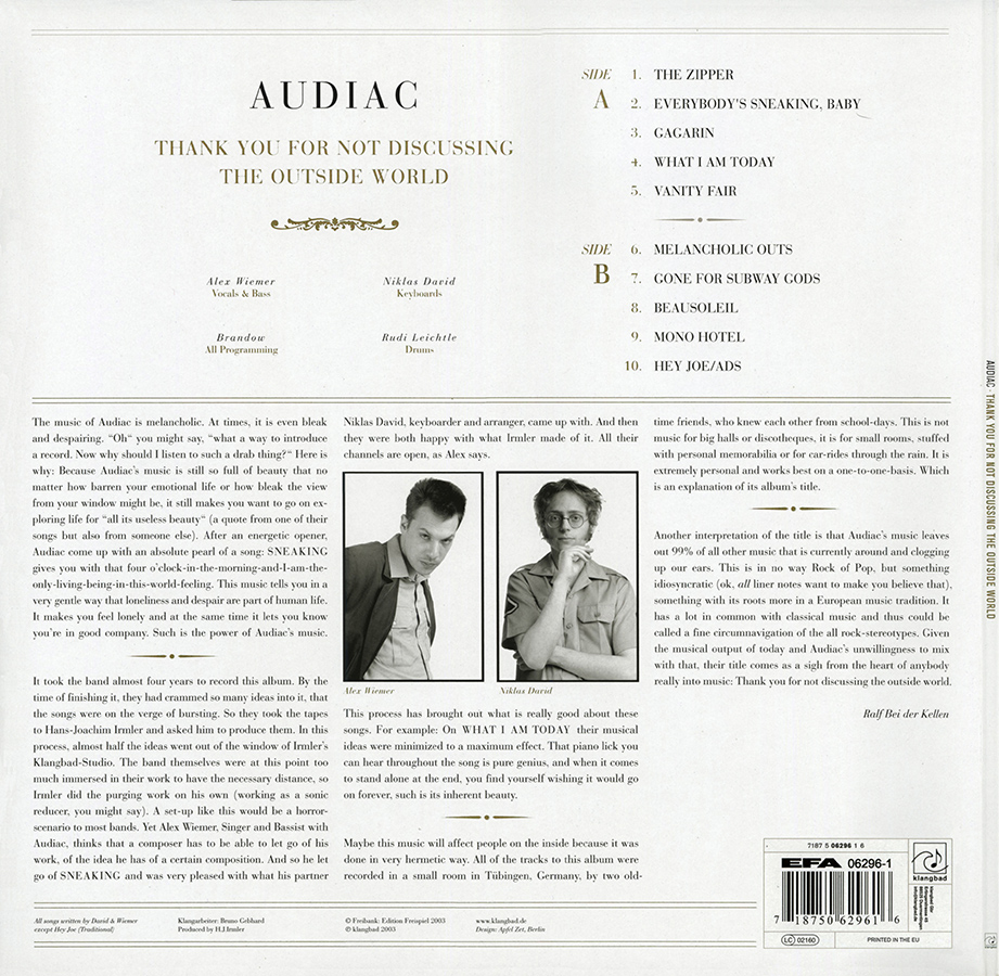 Audiac LP Thank You For Not Discussing The Outside World cover out left