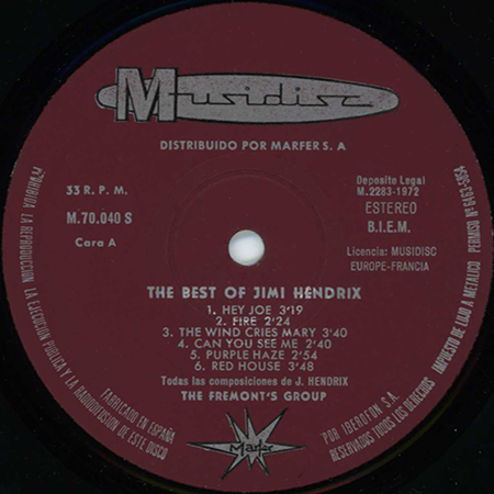 
fremont's goup lp best of jimi hendrix spain 1972  label 1