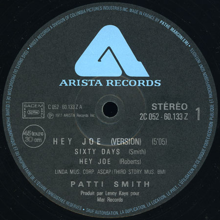 patti smith 12 inches 45 rpm hey joe - radio ethiopia label 1