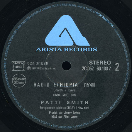 patti smith 12 inches 45 rpm hey joe - radio ethiopia label 2