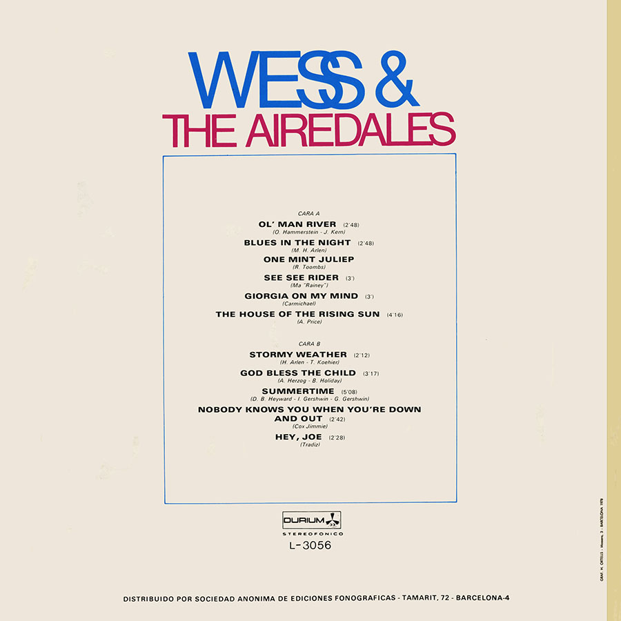 wess and the airedales ‎lp same durium L3056 spain 1978 back
