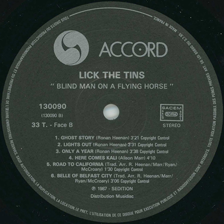 Lick The Tins LP Blind Man On a Flying Horse accord  label 2