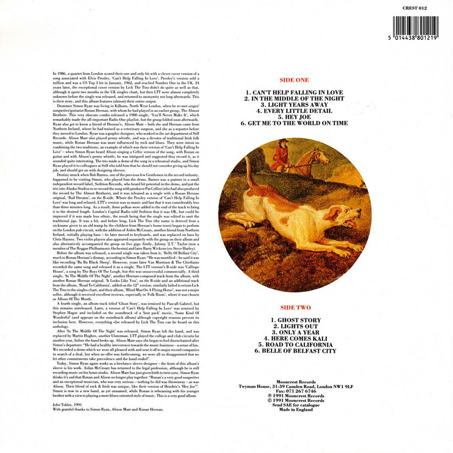 Lick The Tins LP Blind Man On a Flying Horse mooncrest  back cover