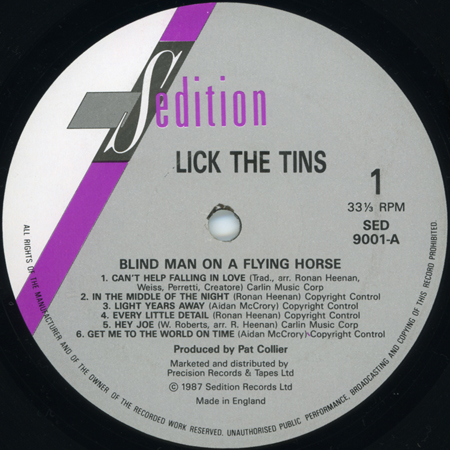 Lick The Tins LP Blind Man On a Flying Horse sedition  label 1