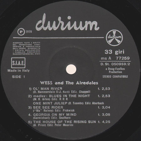 wess and the airedales LP same durium ms A 77259 Italy 1970 label 1