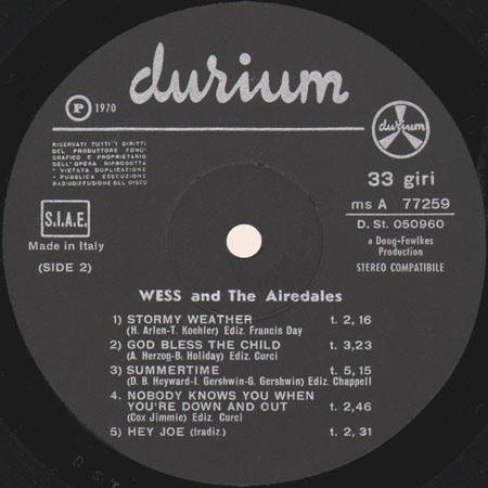 wess and the airedales LP durium ms A 77259 Italy 1970 label 2